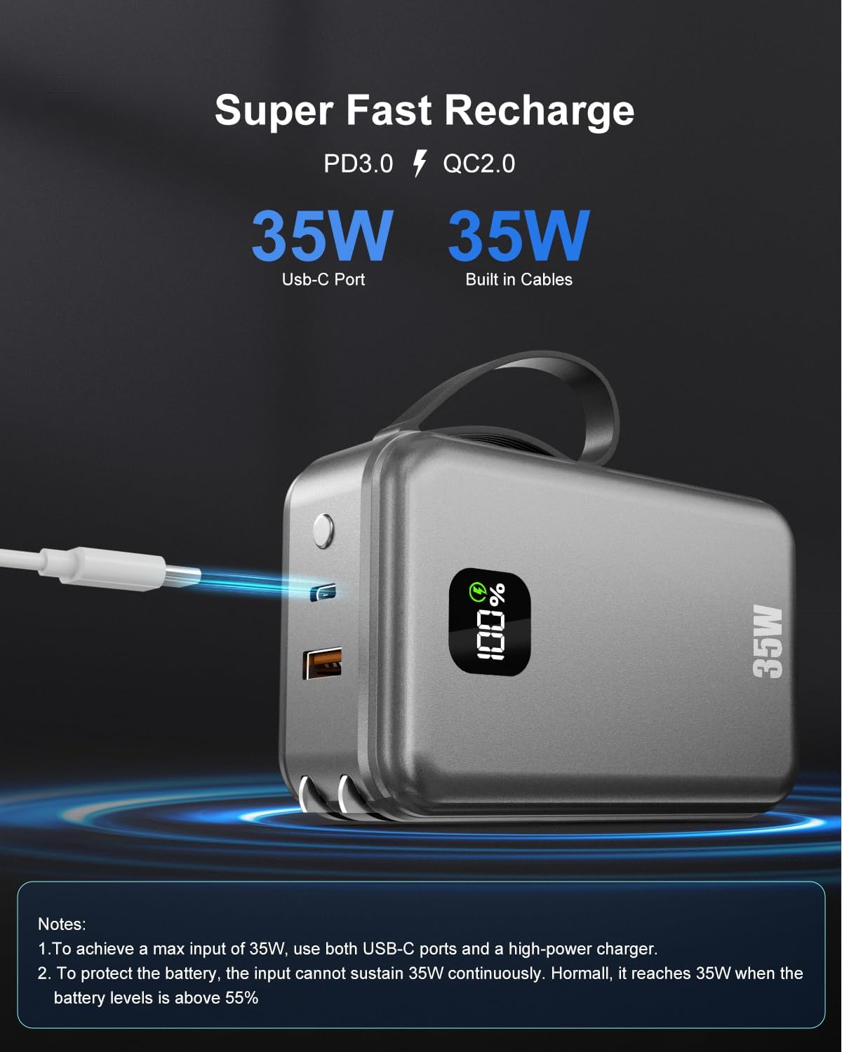 Feidyns Cargador portátil de luz LED Power Bank 30000mAh - Batería...