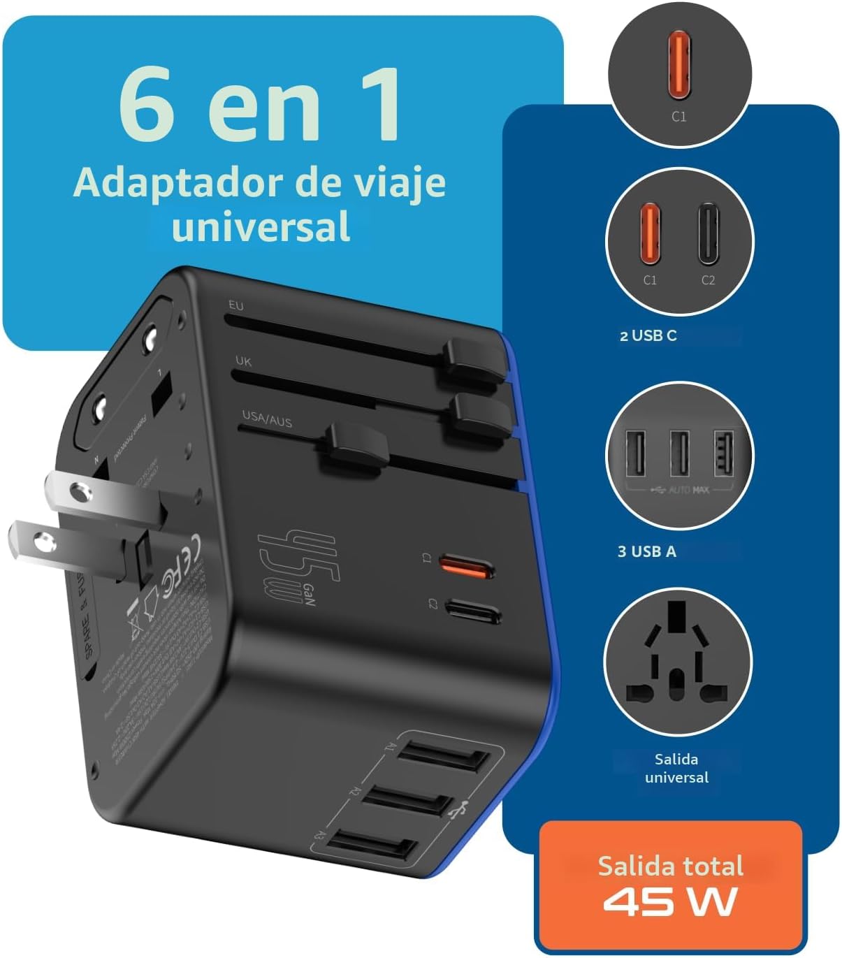 Ceptics Adaptador de viaje universal, adaptador de corriente intern...