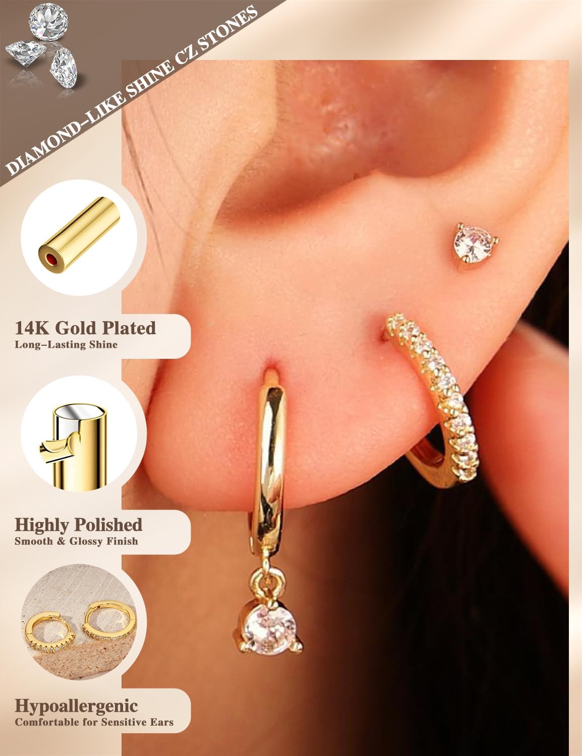Freekiss Juego de 3 Pares de Aretes de Aro Dorados: Aretes Pequeños...