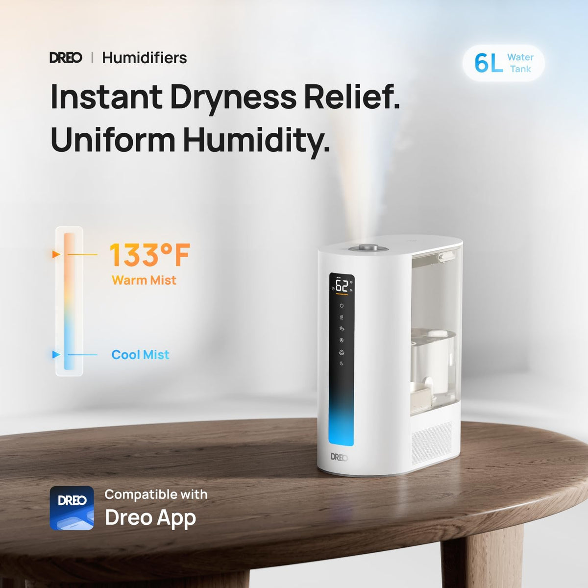 DREO Humidificadores inteligentes de 6L para dormitorio, niebla cál...