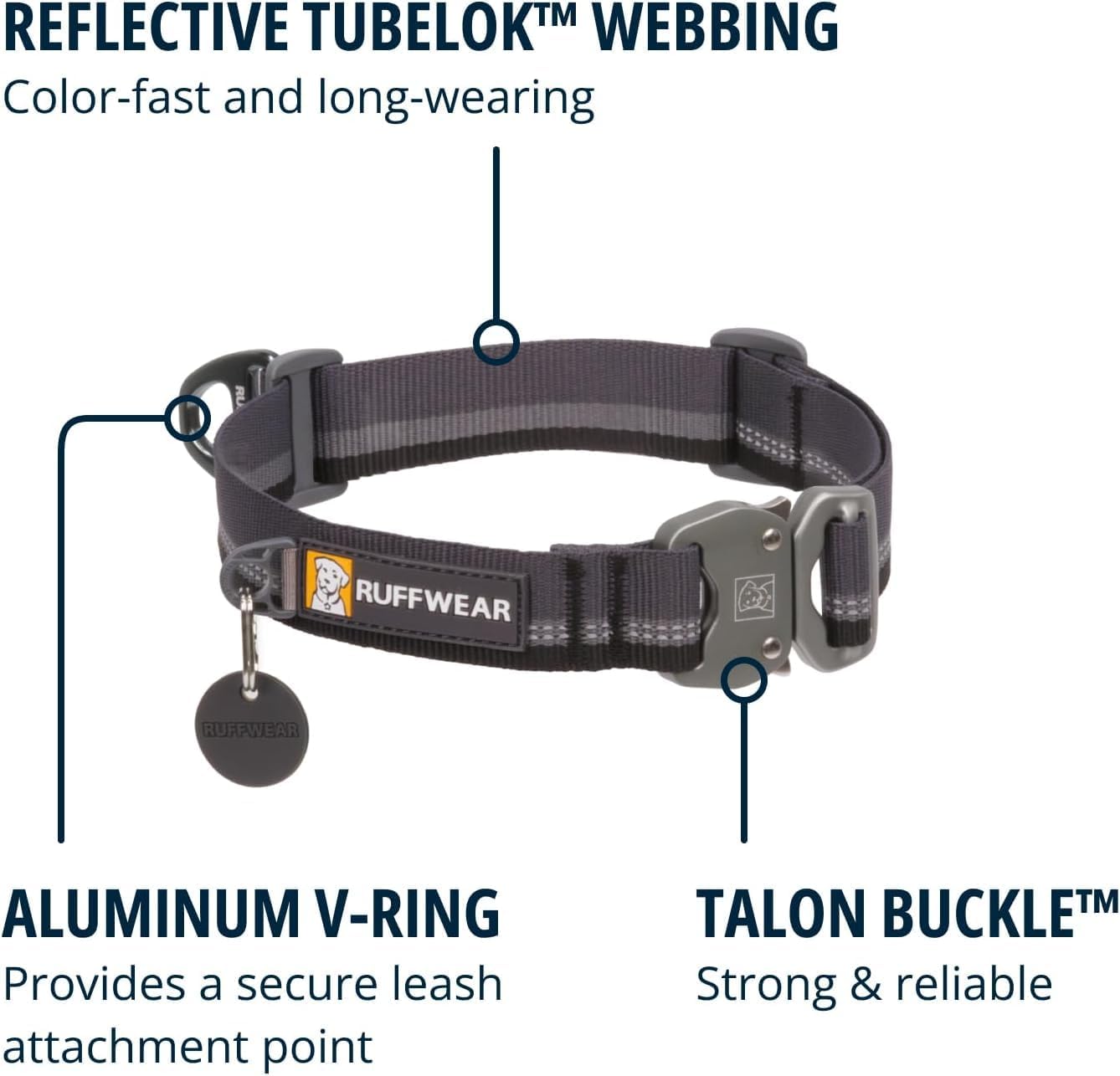Ruffwear, collar de perro de cuerda superior, hebilla de metal, gri...