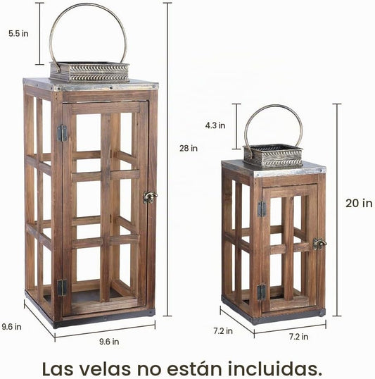 DECORKEY Juego de 2 faroles de metal de madera grandes de granja, 2...