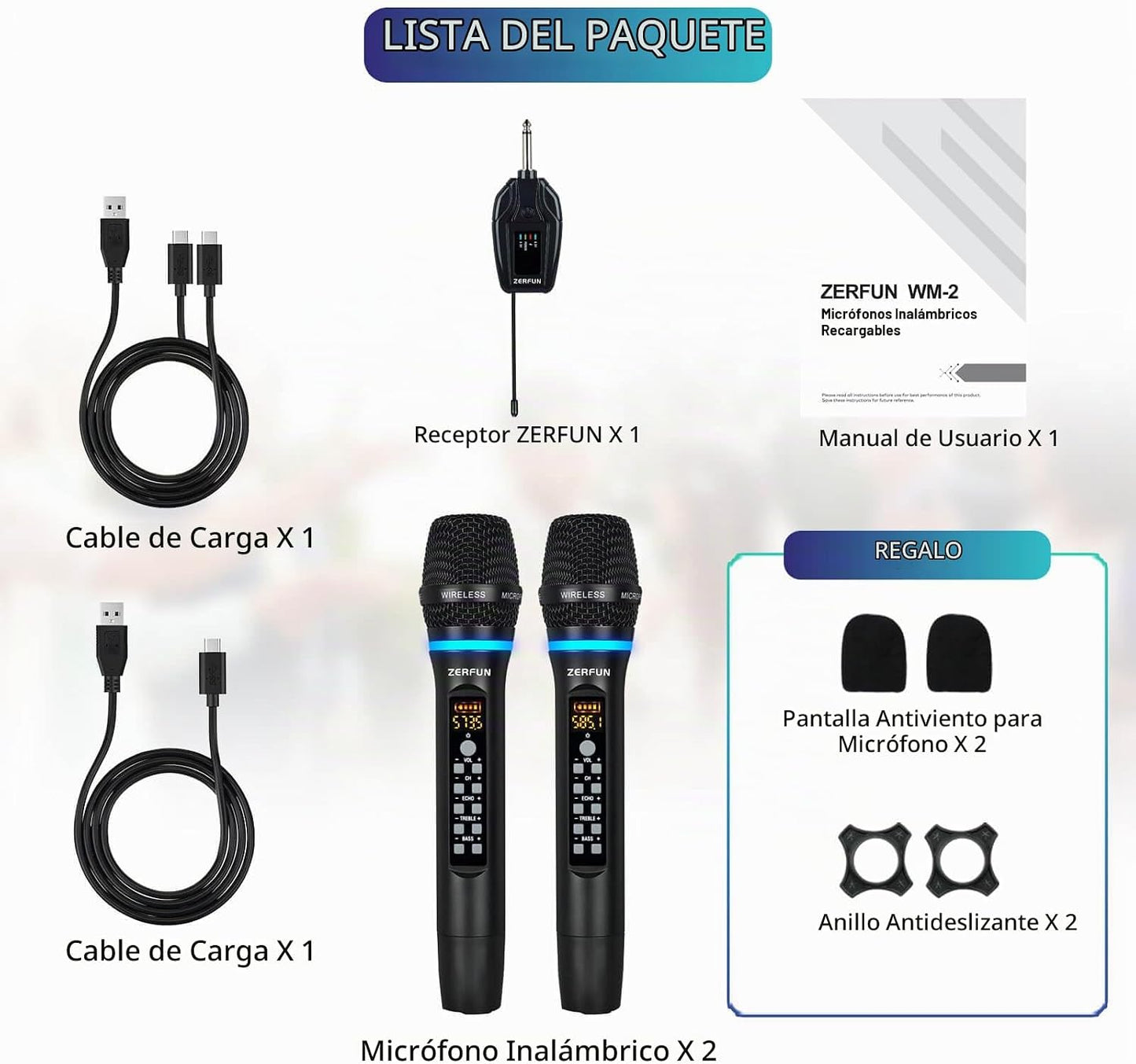 ZERFUN Micrófonos inalámbricos duales recargables, sistema de micró...