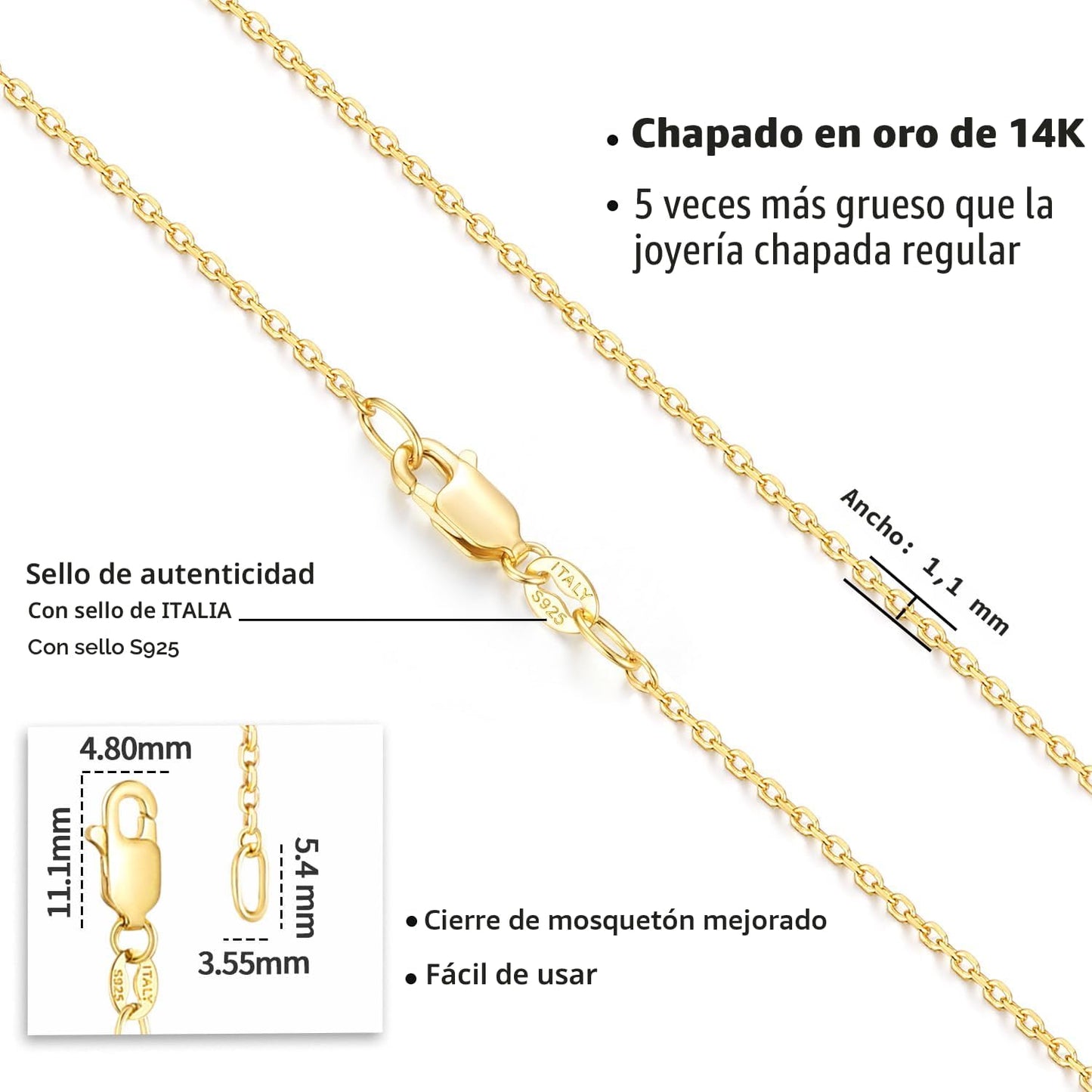 Jewlpire Collar de Cadena de Plata de Ley 925 Chapado en Oro de 14...