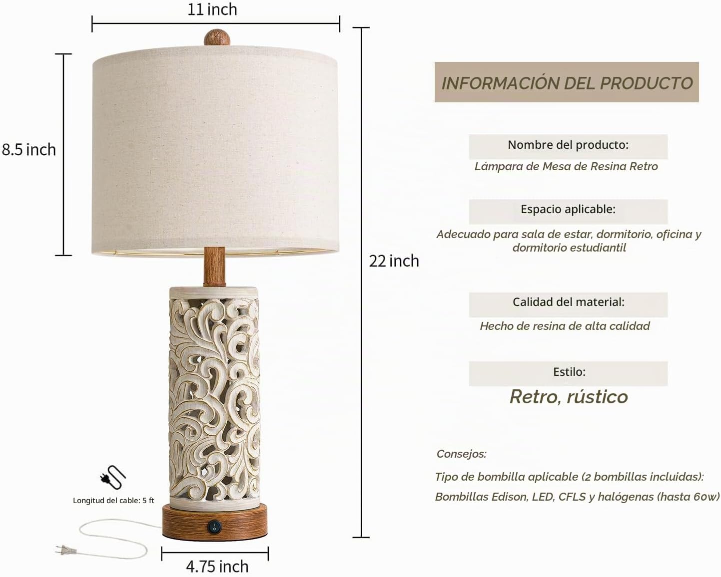OYEARS Juego de 2 lámparas de mesa de 22 pulgadas para sala de esta...