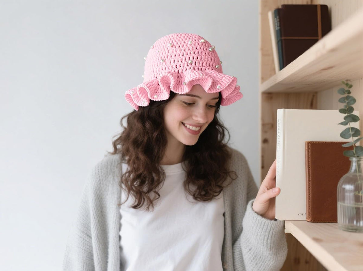 Hshsclth Sombrero de ganchillo de perlas estrelladas para mujer, he...