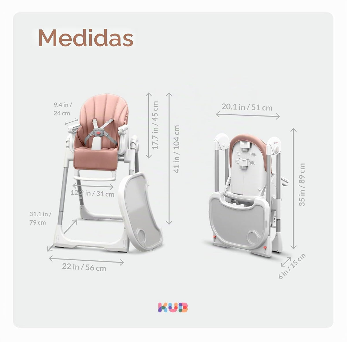 KUB Silla alta plegable 3 en 1 para bebé | 7 alturas y 4 reclinacio...