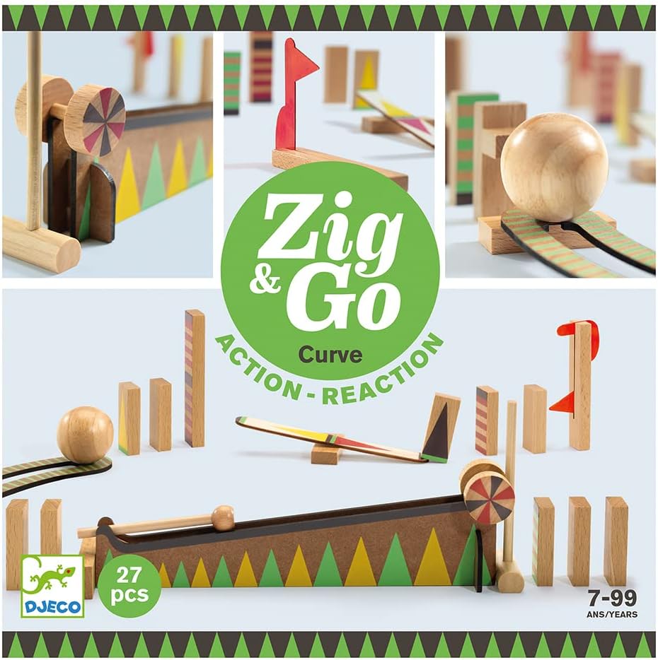 DJECO Zig &amp; Go - Juego de construcción de carreras de dominó de...