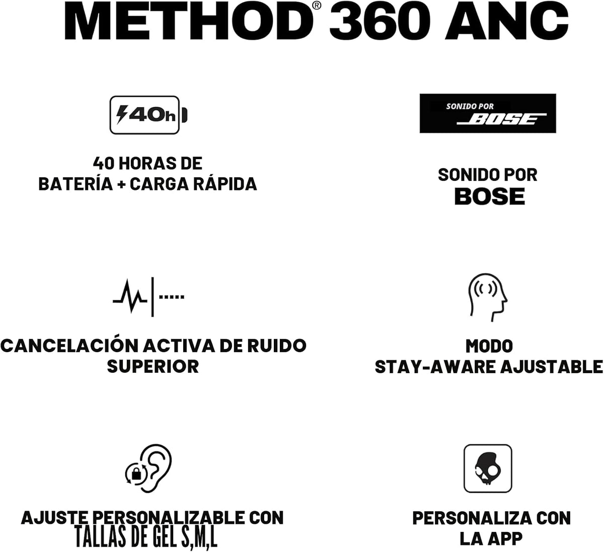 Skullcandy Method 360 ANC - Auriculares inalámbricos, sonido de Bos...