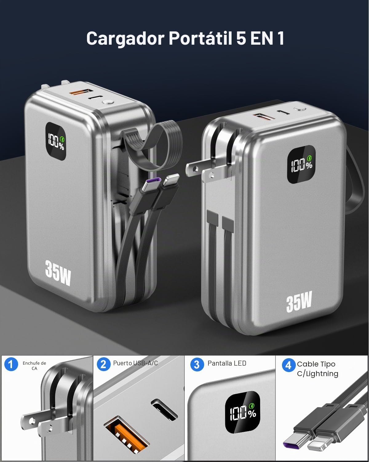 Feidyns Cargador portátil de luz LED Power Bank 30000mAh - Batería...