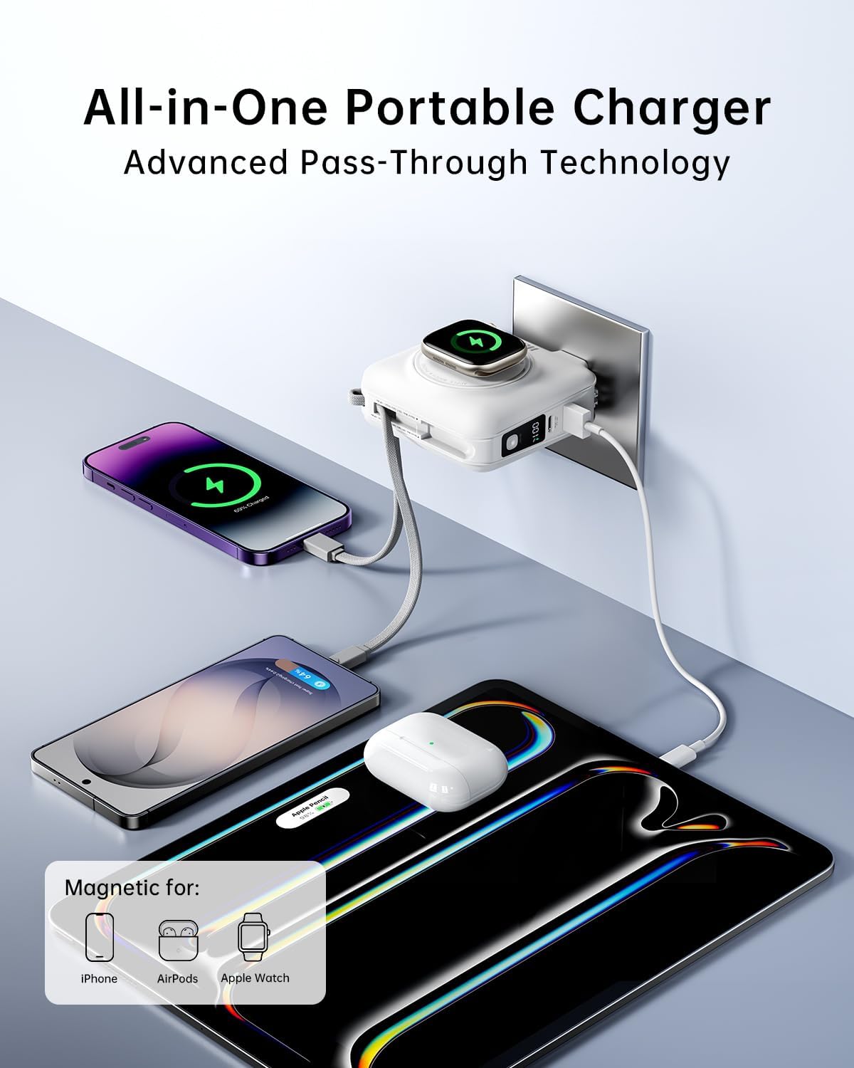 Cargador portátil magnético de carga rápida W&P de 45 W con 2 cable...