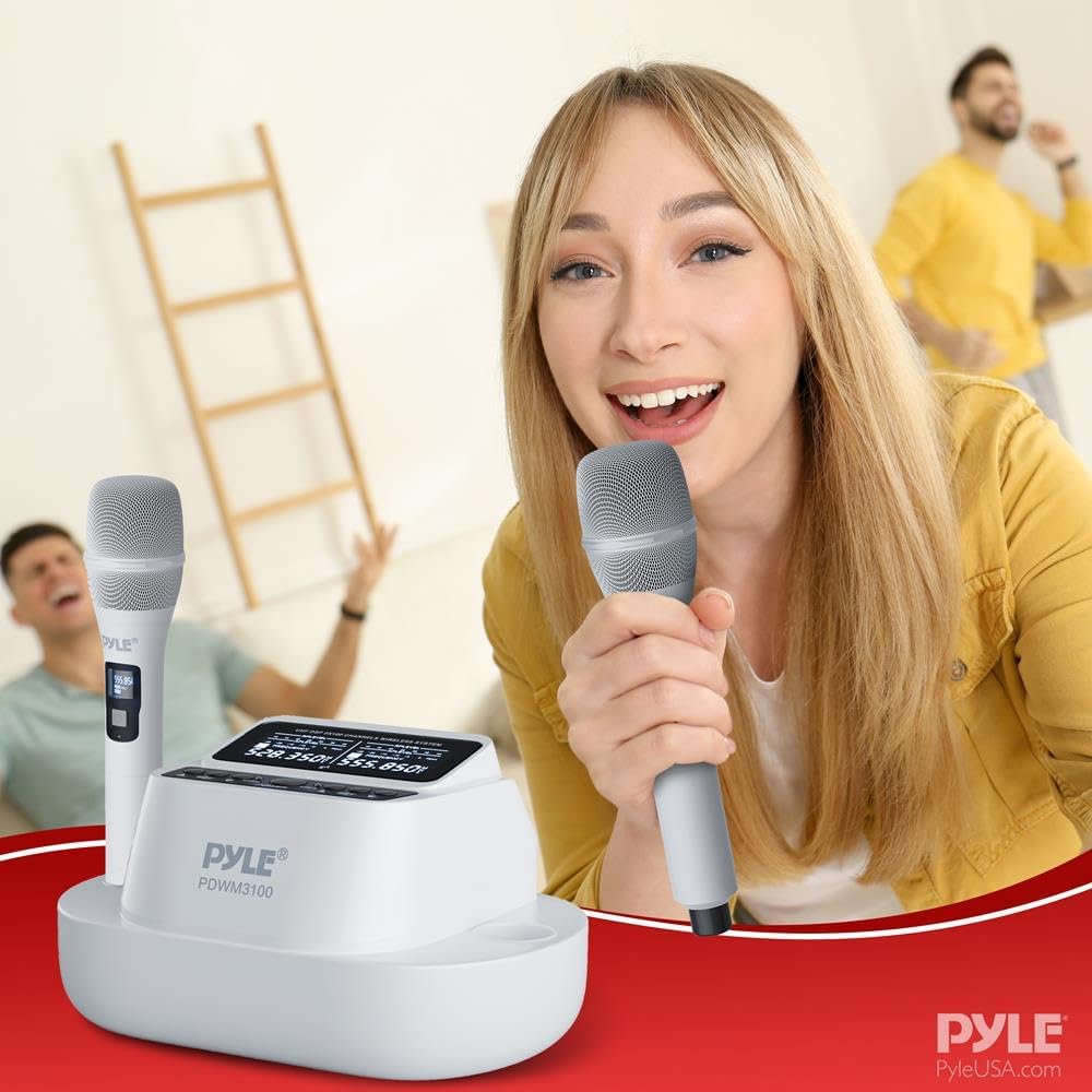 Pyle Sistema de micrófono inalámbrico UHF con micrófonos de mano du...
