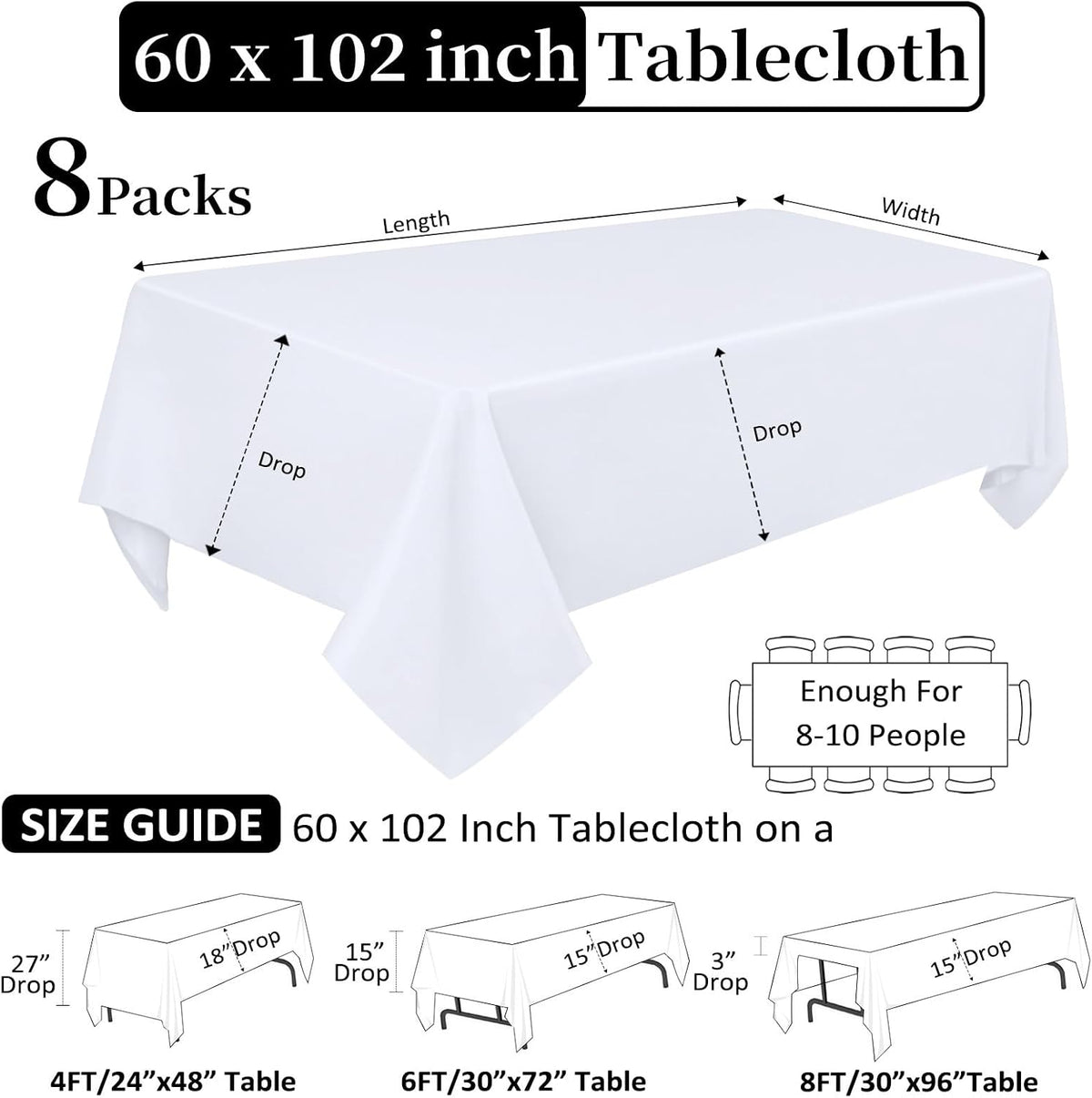 Heneger Paquete de 8 manteles rectangulares blancos de 60 x 102 pul...