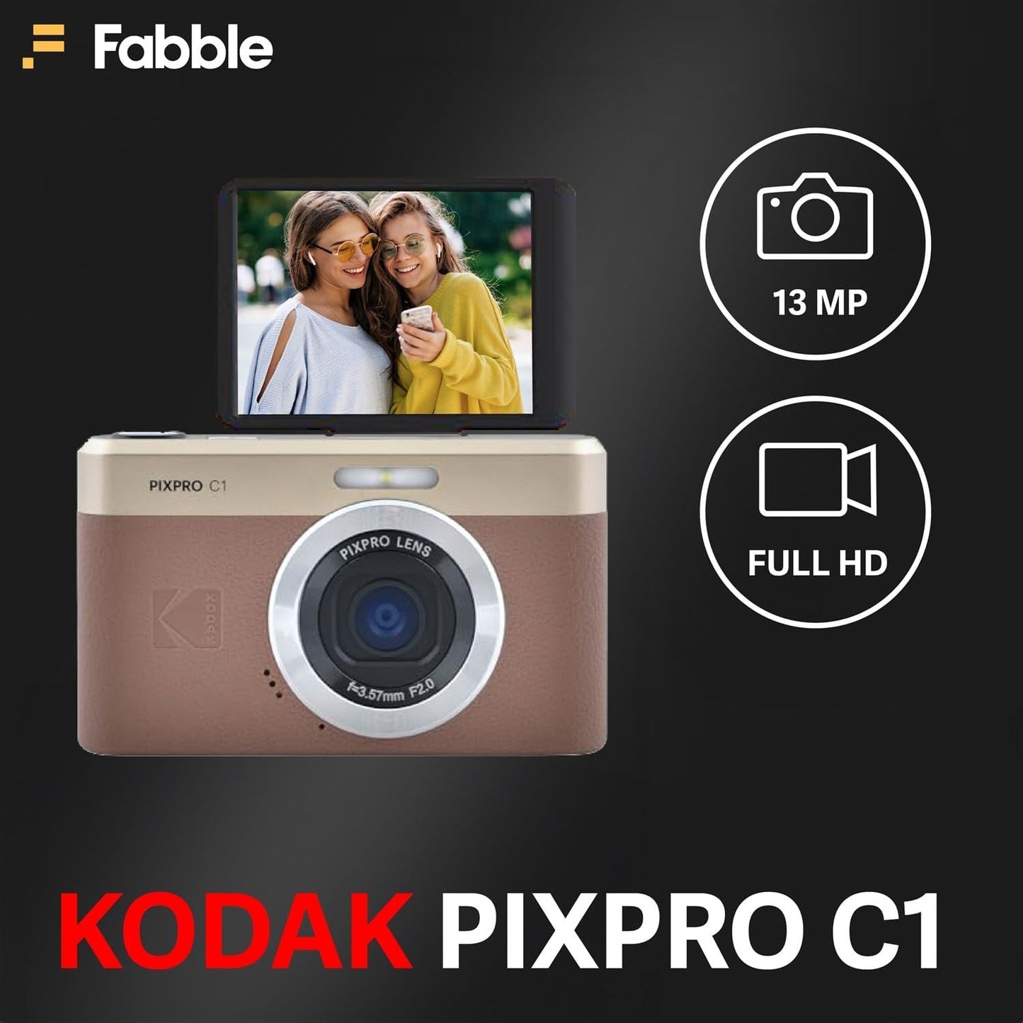 Kodak PIXPRO - Paquete de cámara digital compacta C1 (marrón) con t...