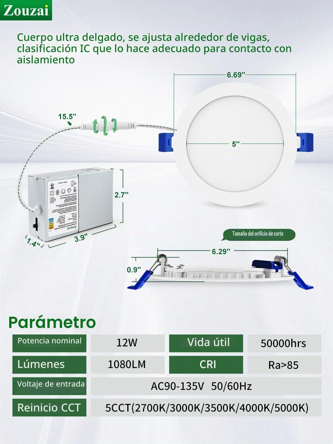 zouzai Paquete de 12 luces LED empotrables ultrafinas de 6 pulgadas...