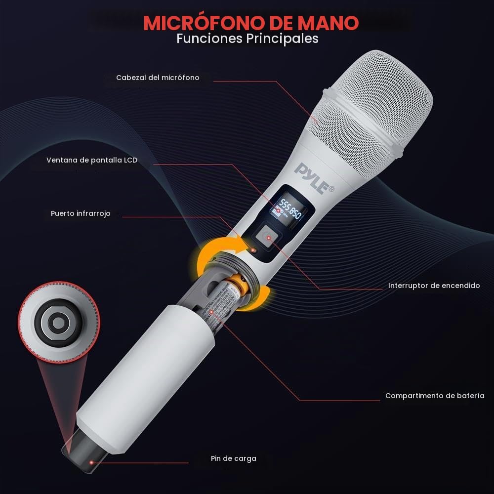 Pyle Sistema de micrófono inalámbrico UHF con micrófonos de mano du...