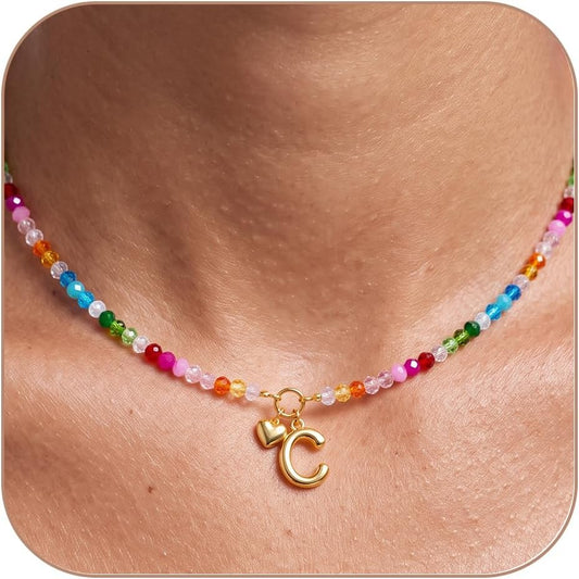 LOVEZORA Collar con inicial para mujer, collares de cuentas de colo...