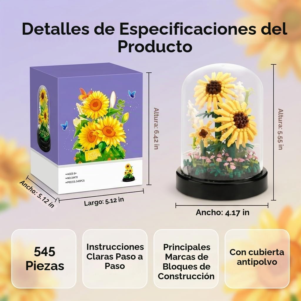 Juego de construcción de girasol, 545 piezas de mini bloques de ram...