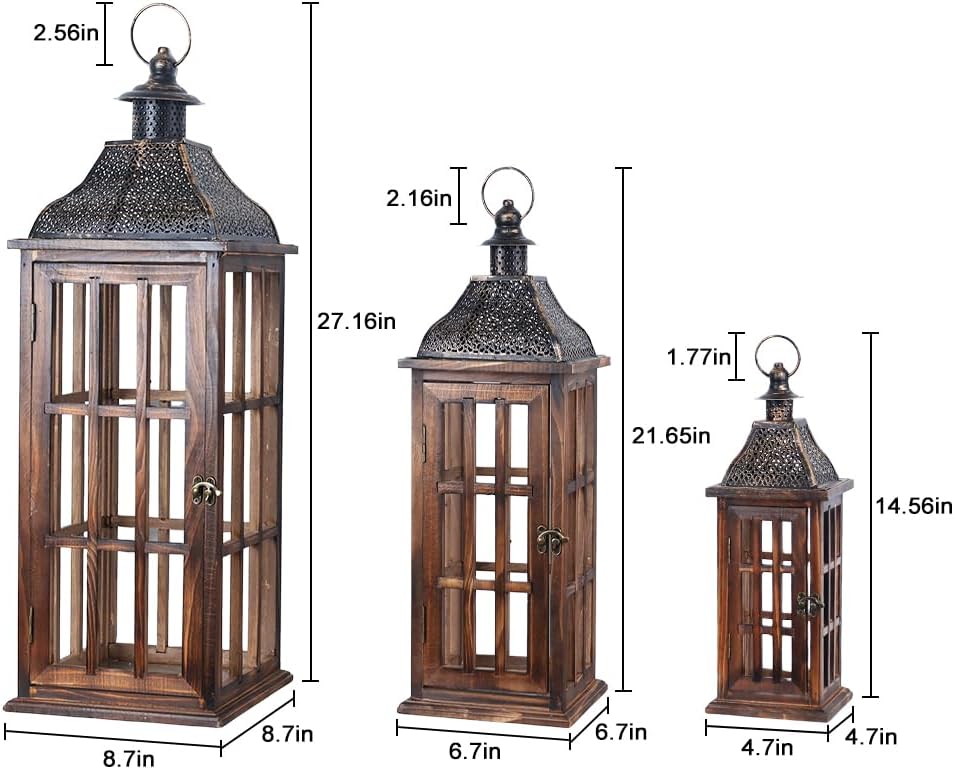 DECORKEY Juego de 3 Faroles Grandes de Madera y Metal Estilo Granja...