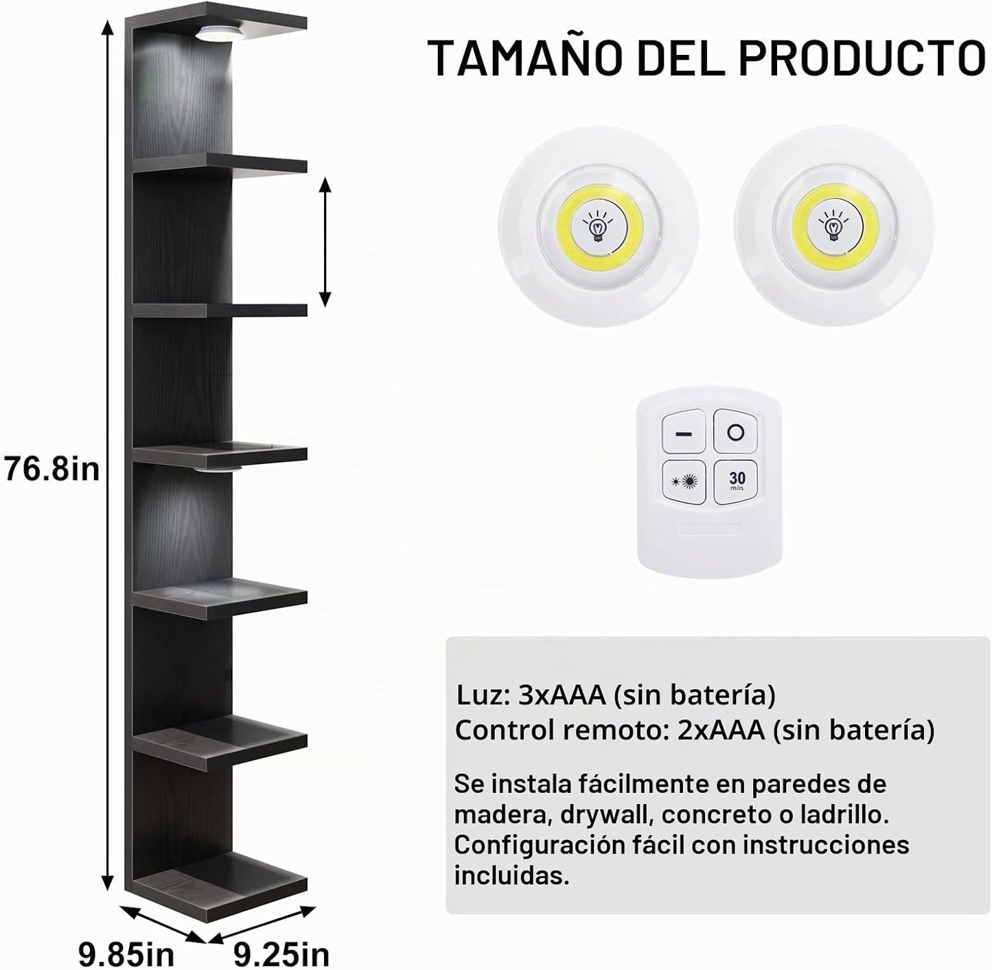 Fixwal Estante de pared de 7 niveles con luces LED para decoración...