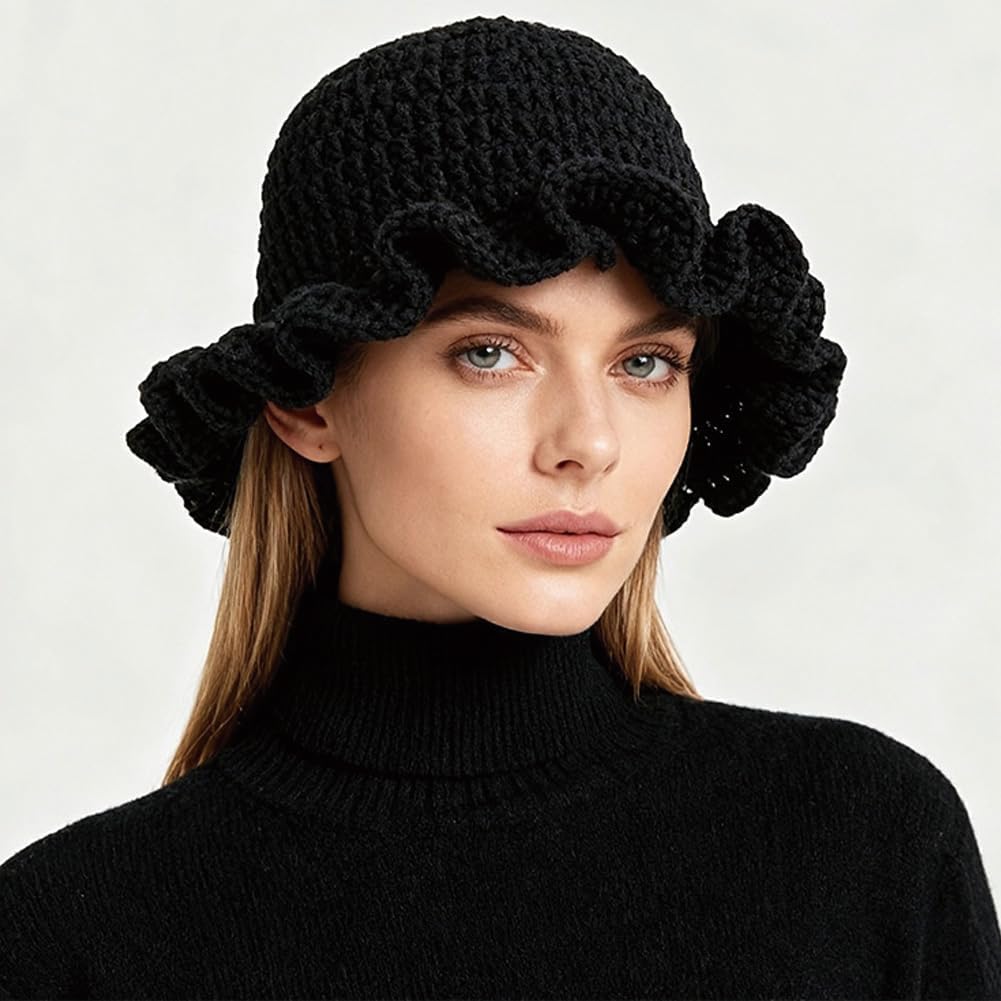 AMOFIA Gorro de punto para mujer, gorro de ganchillo con volantes,...