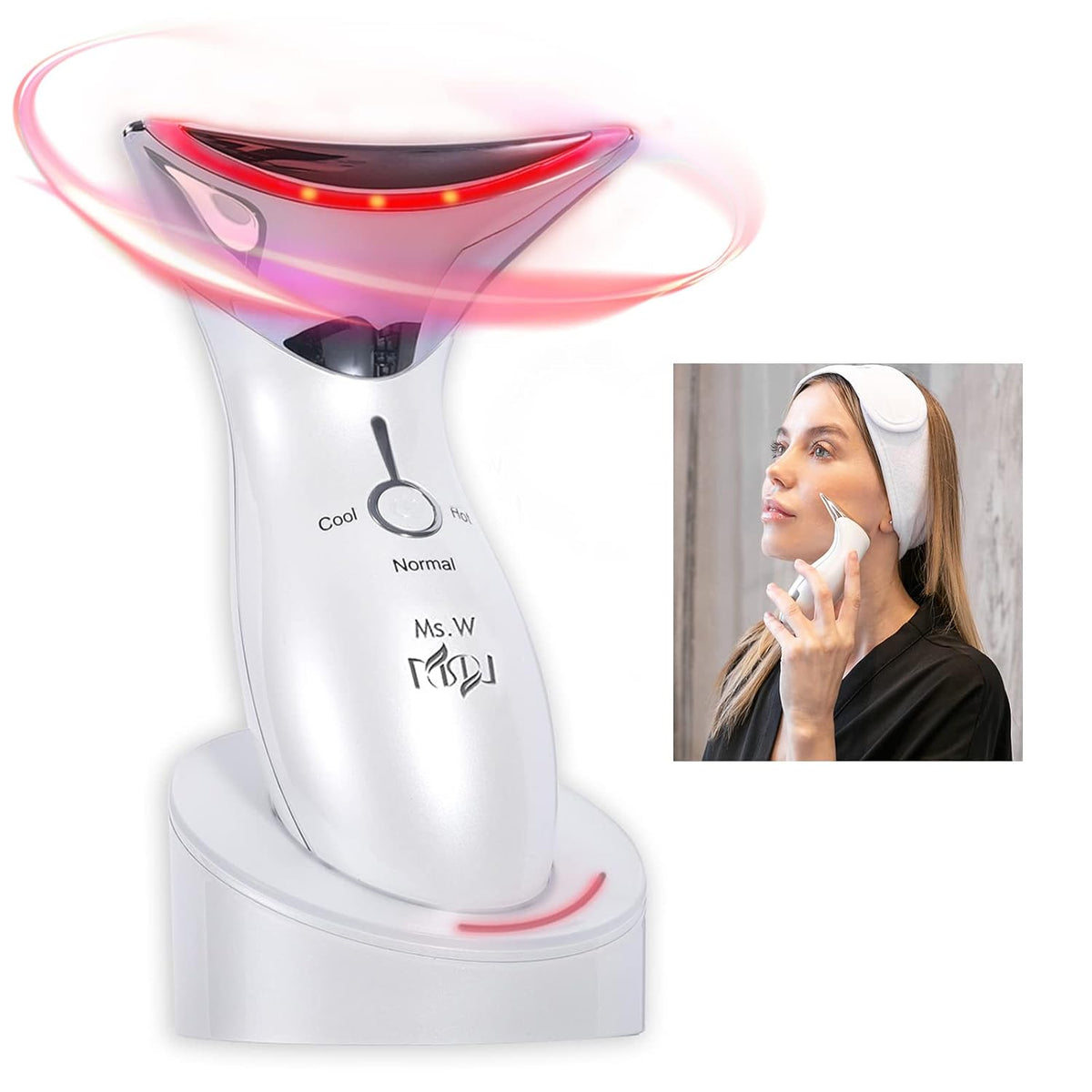 Masajeador facial Ms.W, dispositivo de luz roja y cuello (blanco)