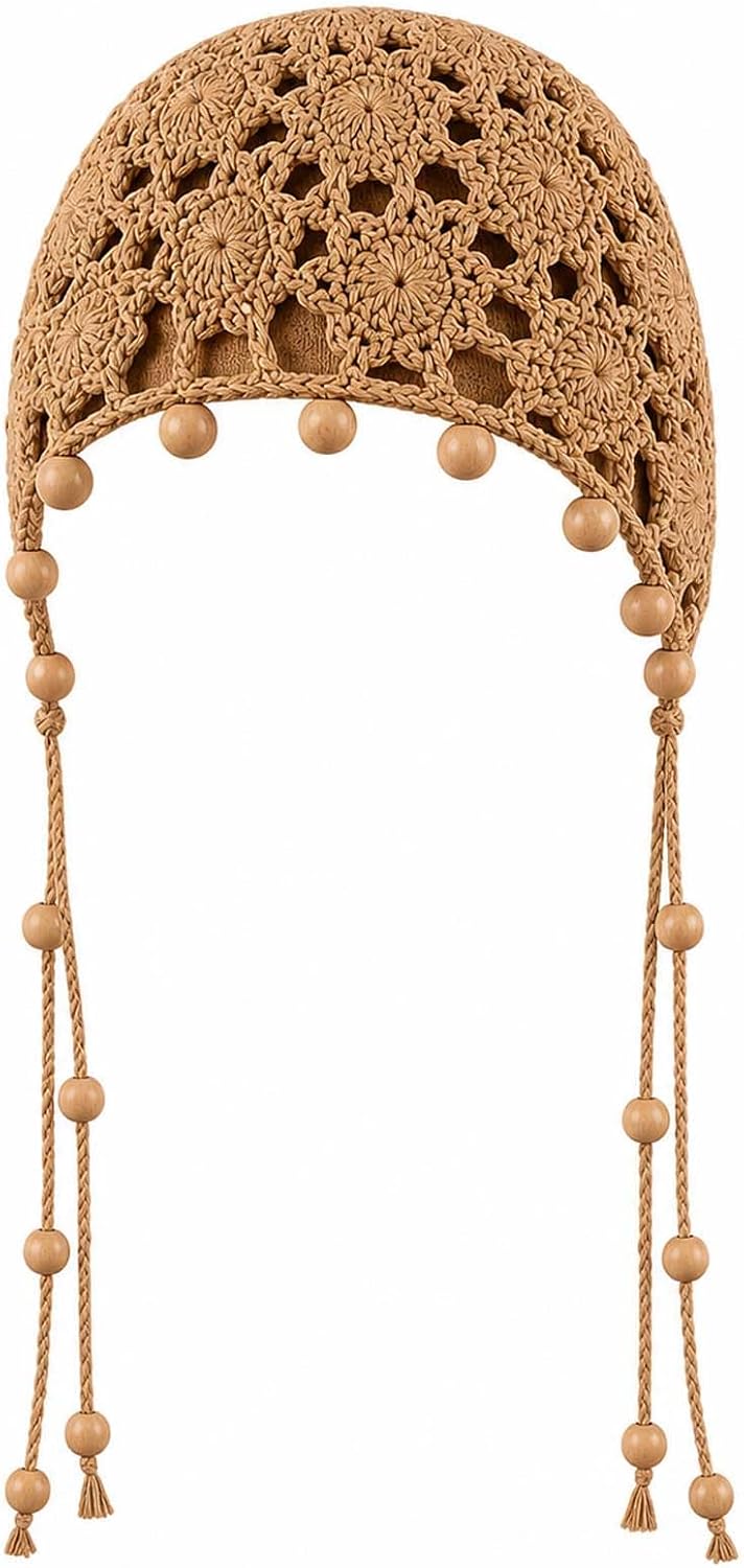 Gorros de ganchillo para mujer, boho, gorro de encaje con cuentas d...