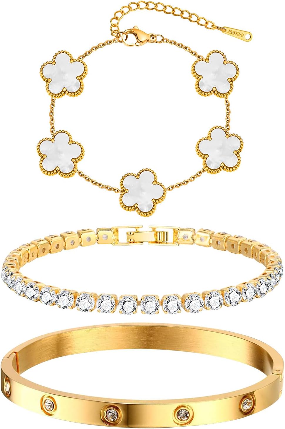 Pulseras florales apilables para mujer en oro - Juego de 3 pulseras...
