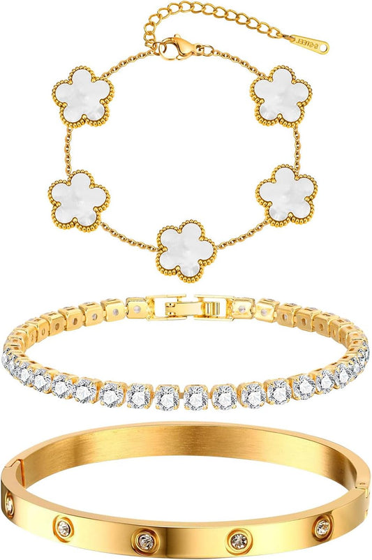 Pulseras florales apilables para mujer en oro - Juego de 3 pulseras...