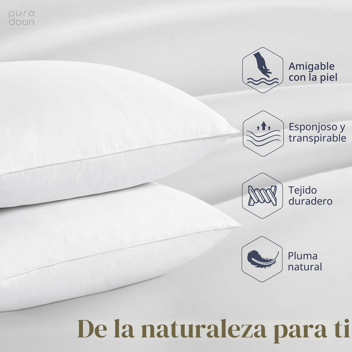 puredown® - Juego de 2 almohadas de plumas y plumón de ganso blanco...