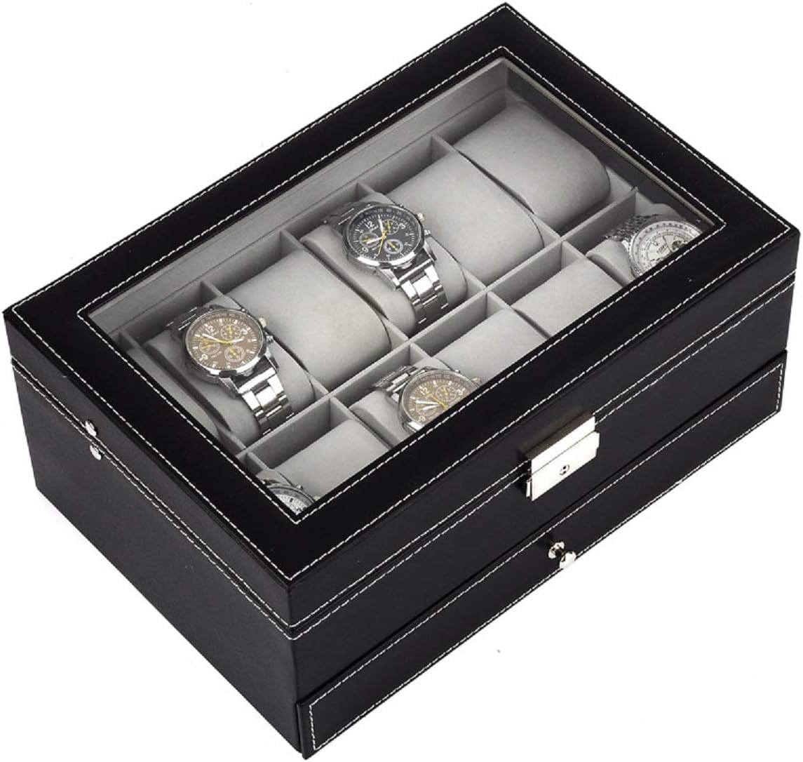 Tebery Caja de reloj de 12 ranuras con tapa de cristal, 2 capas de...