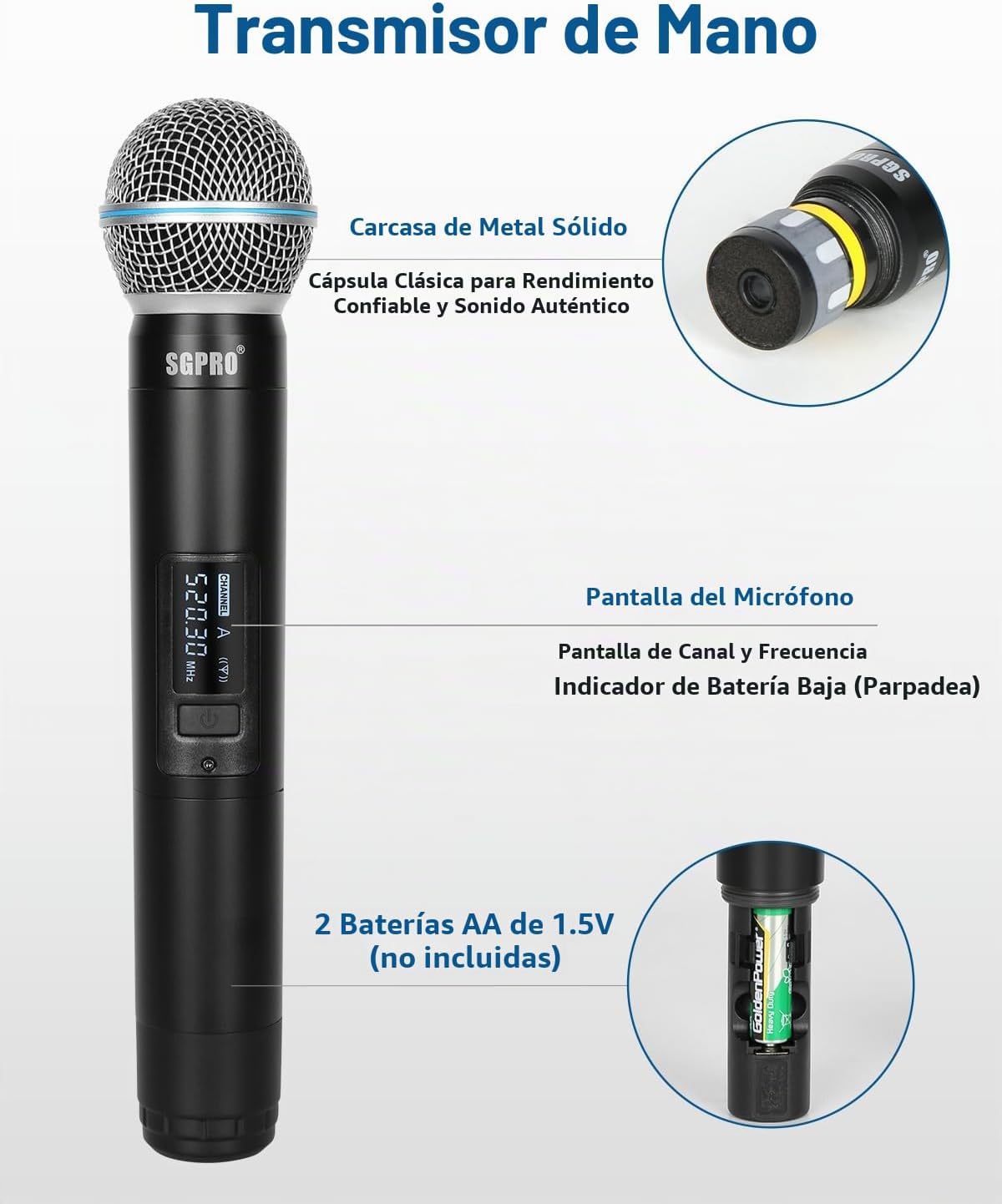 SGPRO Sistema de micrófono inalámbrico de 4 canales, rango de 250 p...