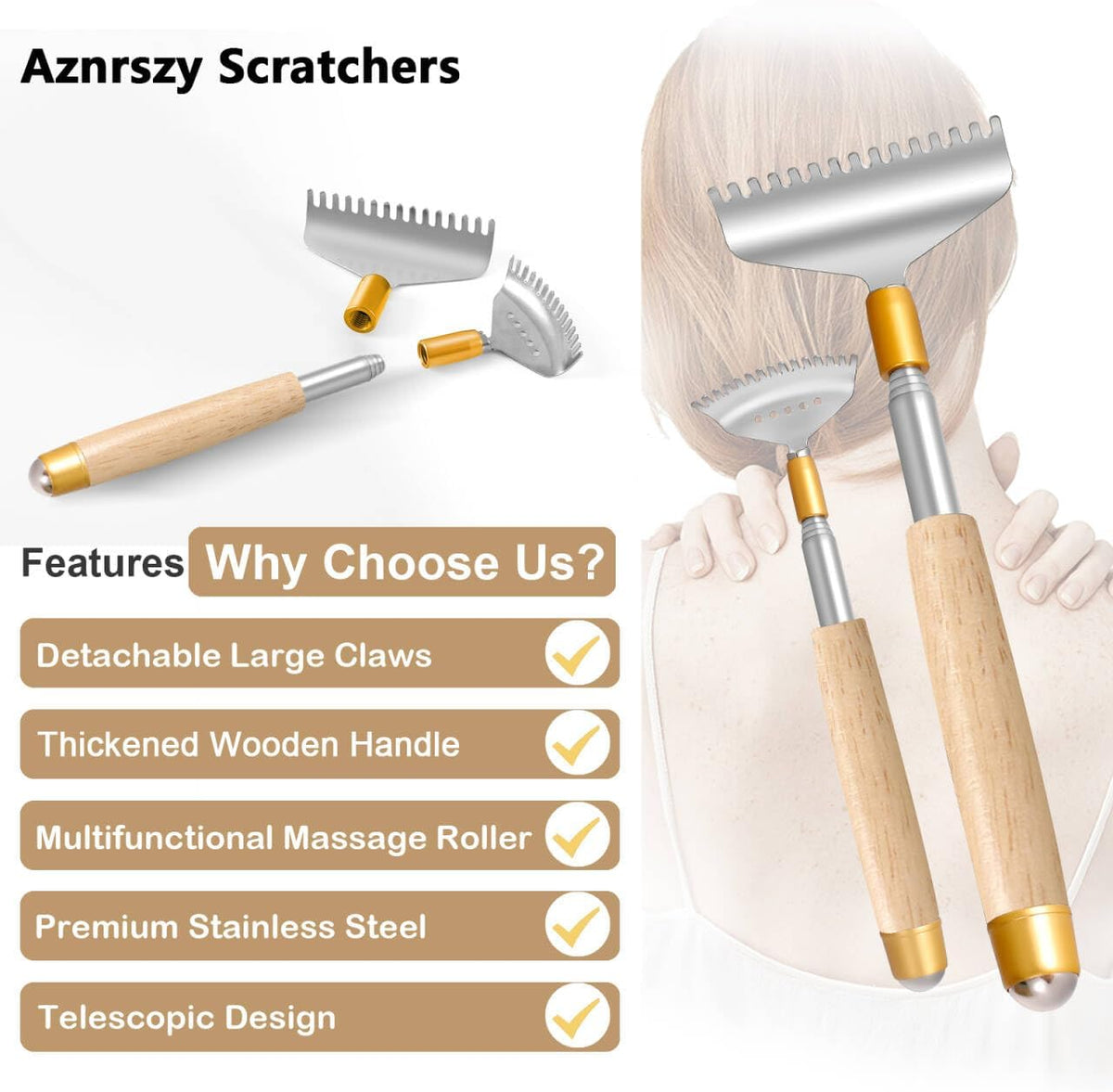 Aznrszy Rascador de espalda con 2 garras anchas desmontables, rasca...