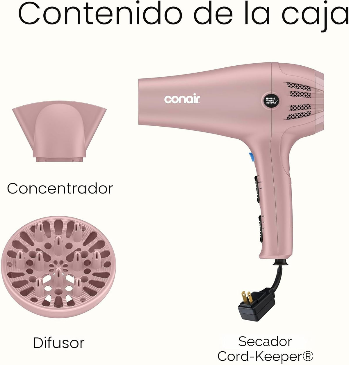 Conair Secador de pelo con difusor y concentrador, 1875W, rosa clar...