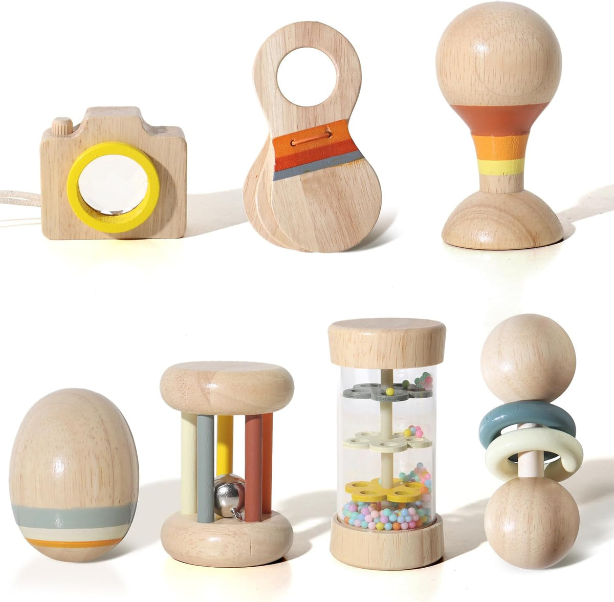 Juego de sonajeros de madera para bebé, juguetes Montessori 7 en 1...