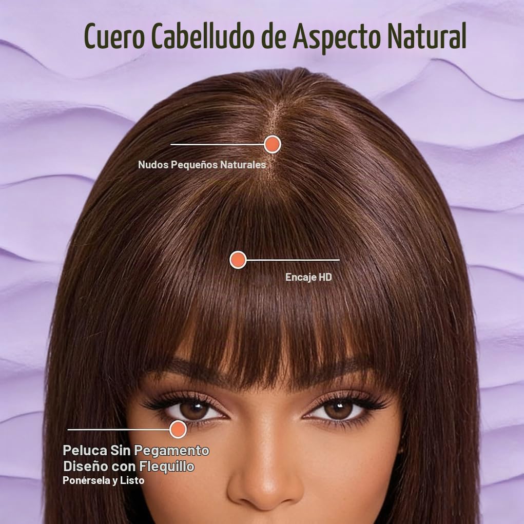 JINXIMEIHE Pelucas de cabello humano marrón chocolate con flequillo...