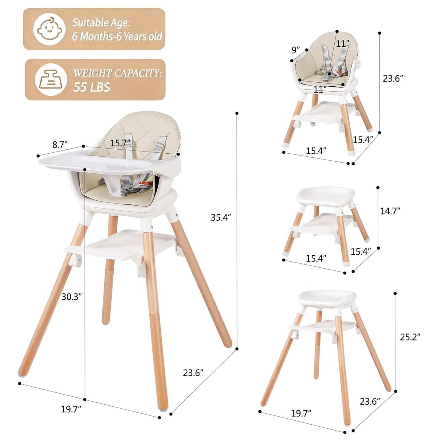 Silla alta para bebé 6 en 1, sillas altas convertibles de madera, c...