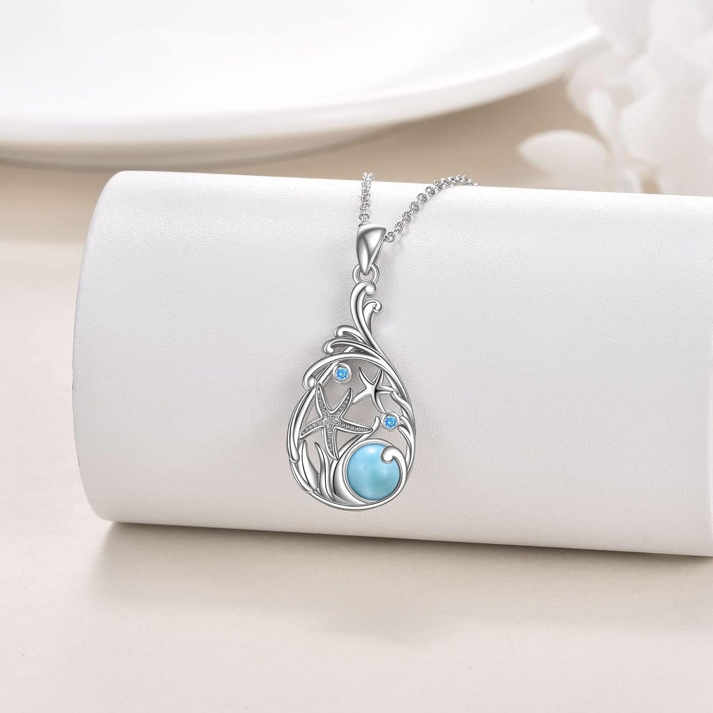CRMAD Larimar - Collar de playa de plata de ley con diseño de lágri...