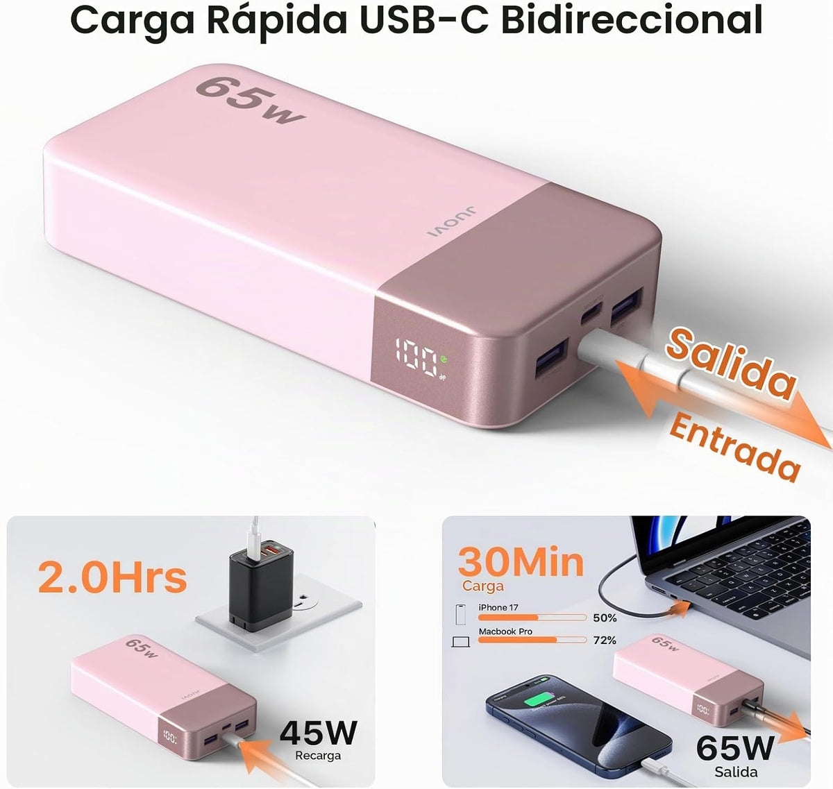 JUOVI Cargador portátil para portátil de 65 W y 20000 mAh | Carga r...