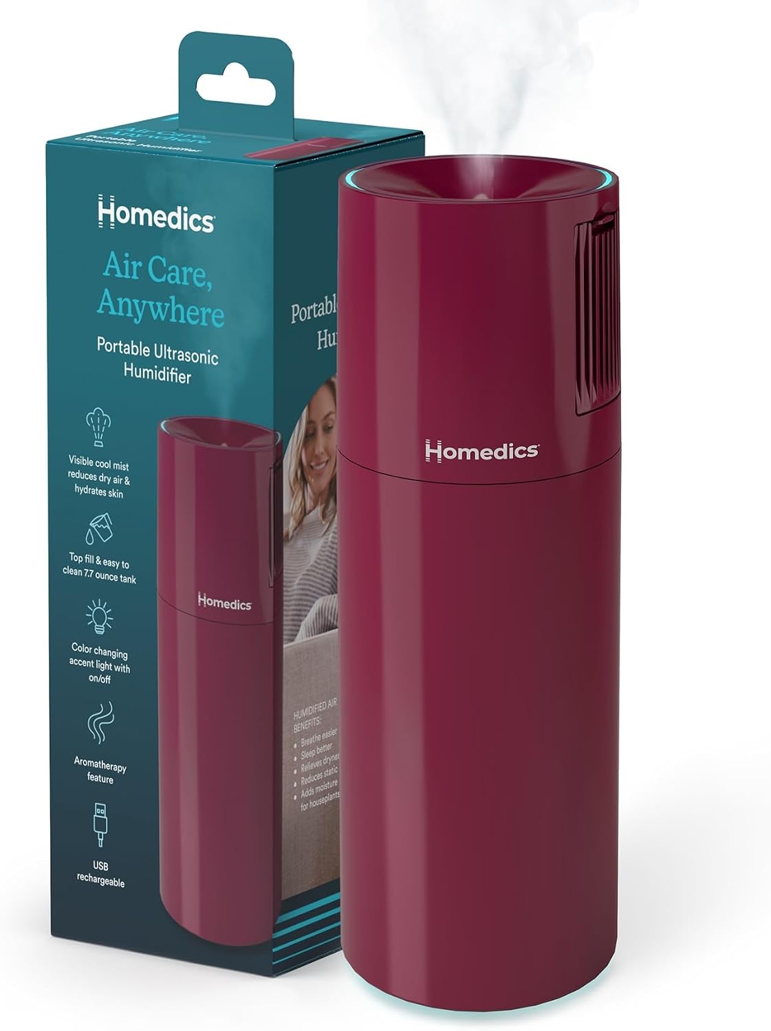 Homedics Humidificador ultrasónico portátil, recargable por USB, hu...