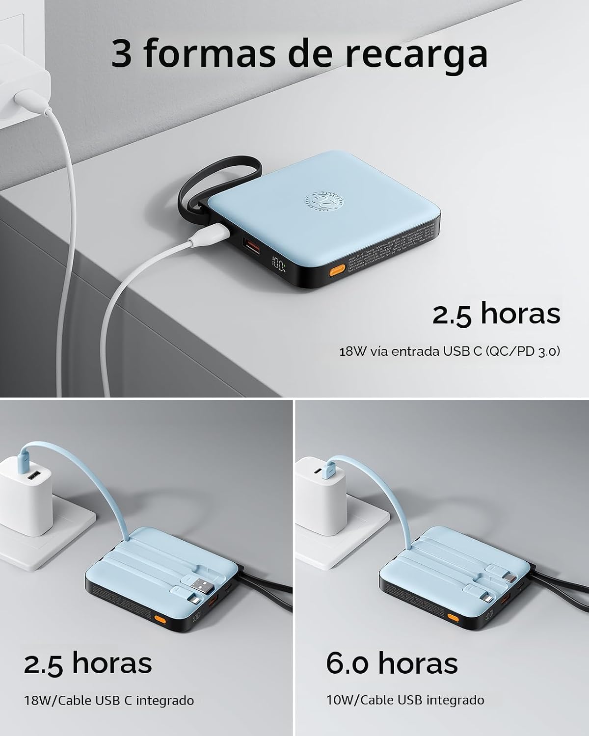 VRURC Cargador portátil con 4 cables incorporados, paquete de bater...