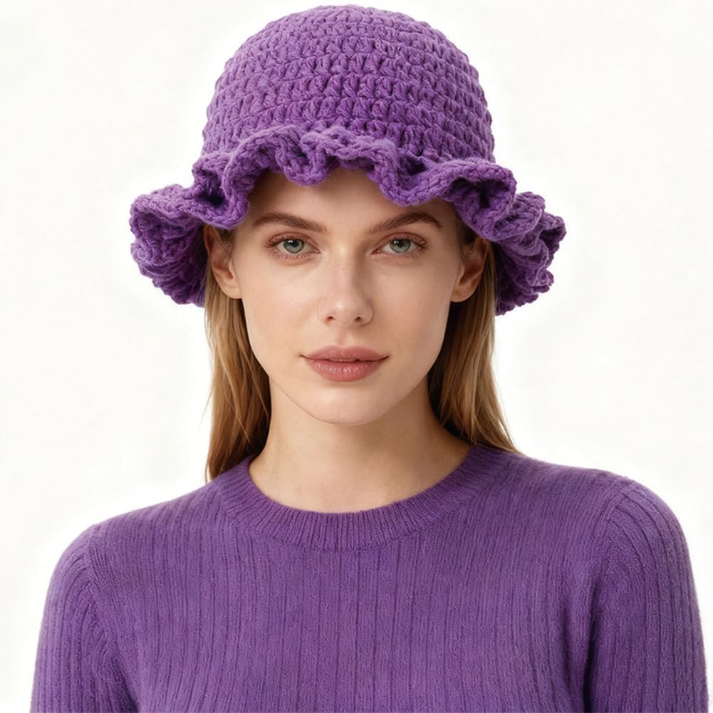 AMOFIA Gorro de punto para mujer, gorro de ganchillo con volantes,...