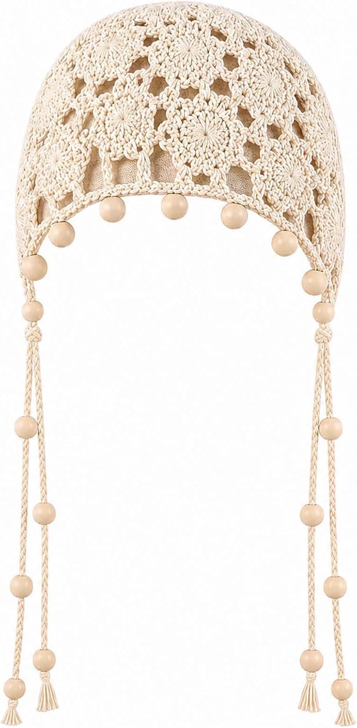 Gorros de ganchillo para mujer, boho, gorro de encaje con cuentas d...