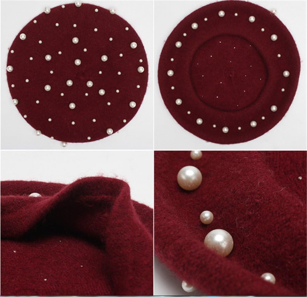 Sombrero de boina vintage de lana de perla para mujer, gorro cálido...