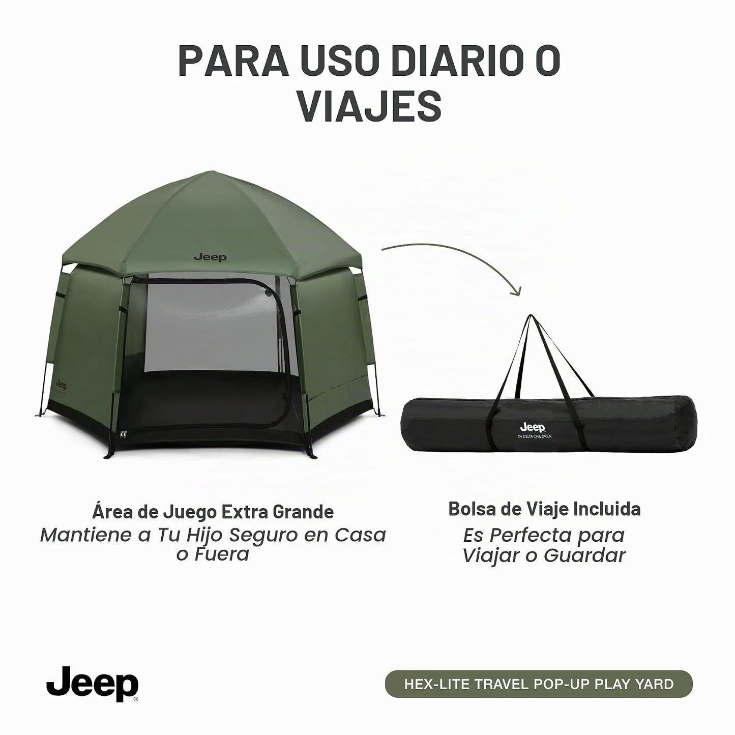 Jeep Hex-Lite Travel Pop-Up Play Yard de Delta Children, verde oliva
