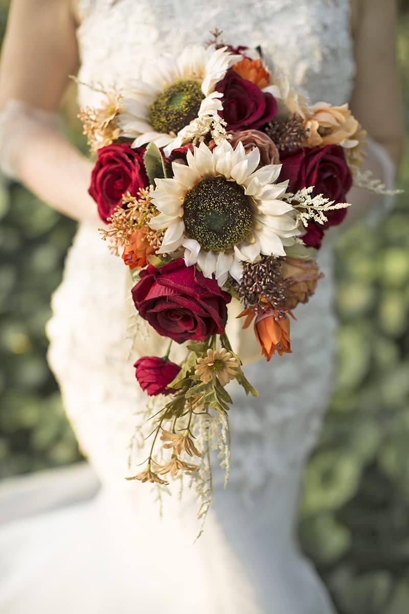 Ansofi Ramos de boda de girasol vintage de 9 pulgadas para novia Bo...