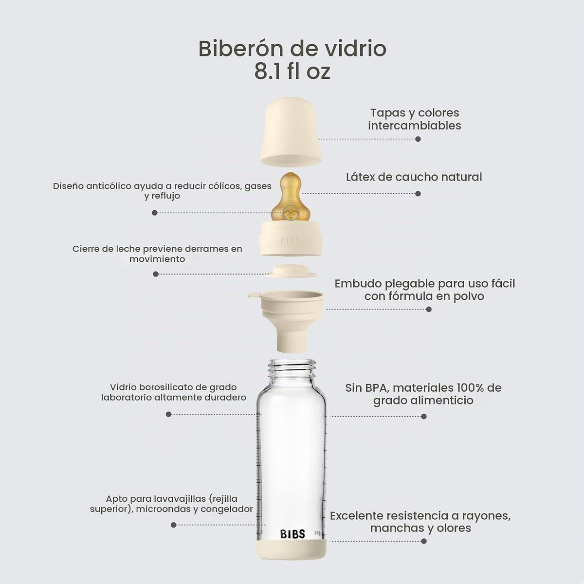 BIBS Biberón de cristal, 8.12 onzas, paquete de 1, pezón de goma na...