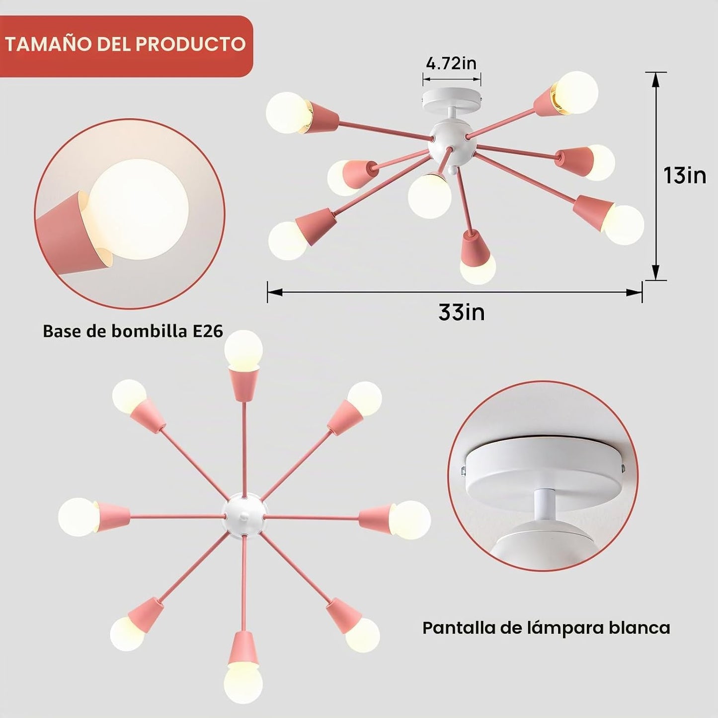 Lámpara de techo de araña Sputnik rosa, 8 luces de techo para niños...