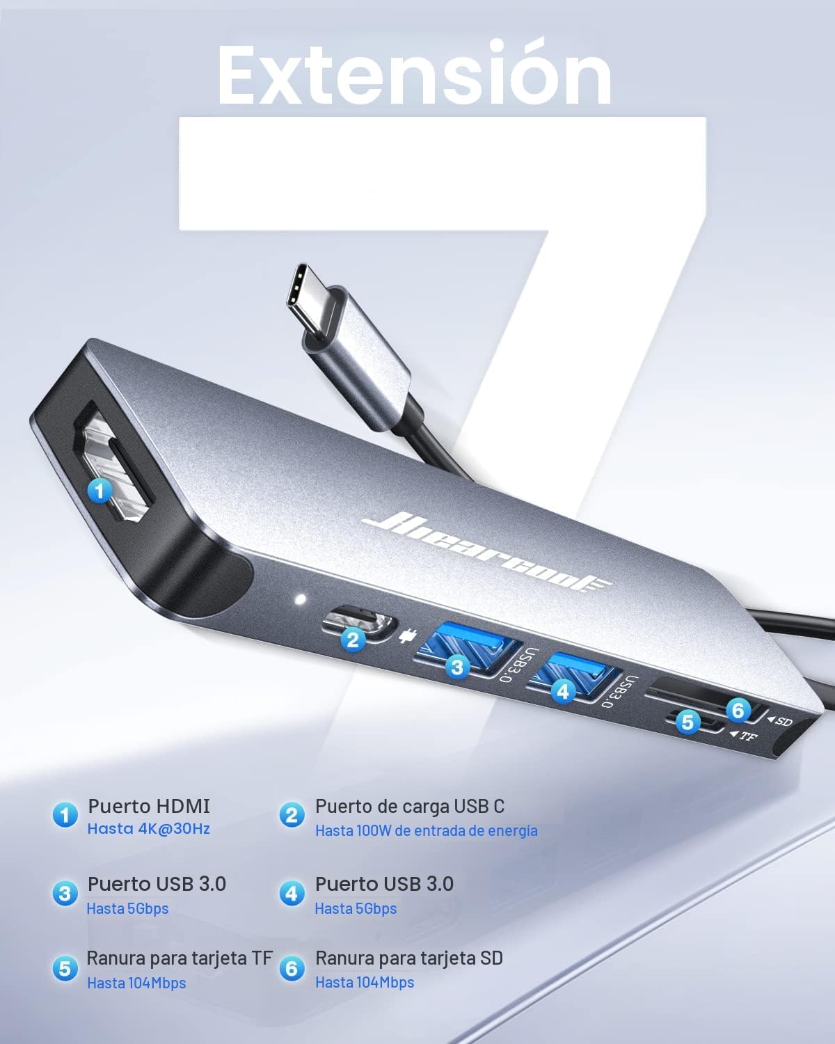 Hiearcool - Adaptador HUB con USB C y 7 puertos en 1 de USB C a HDM...