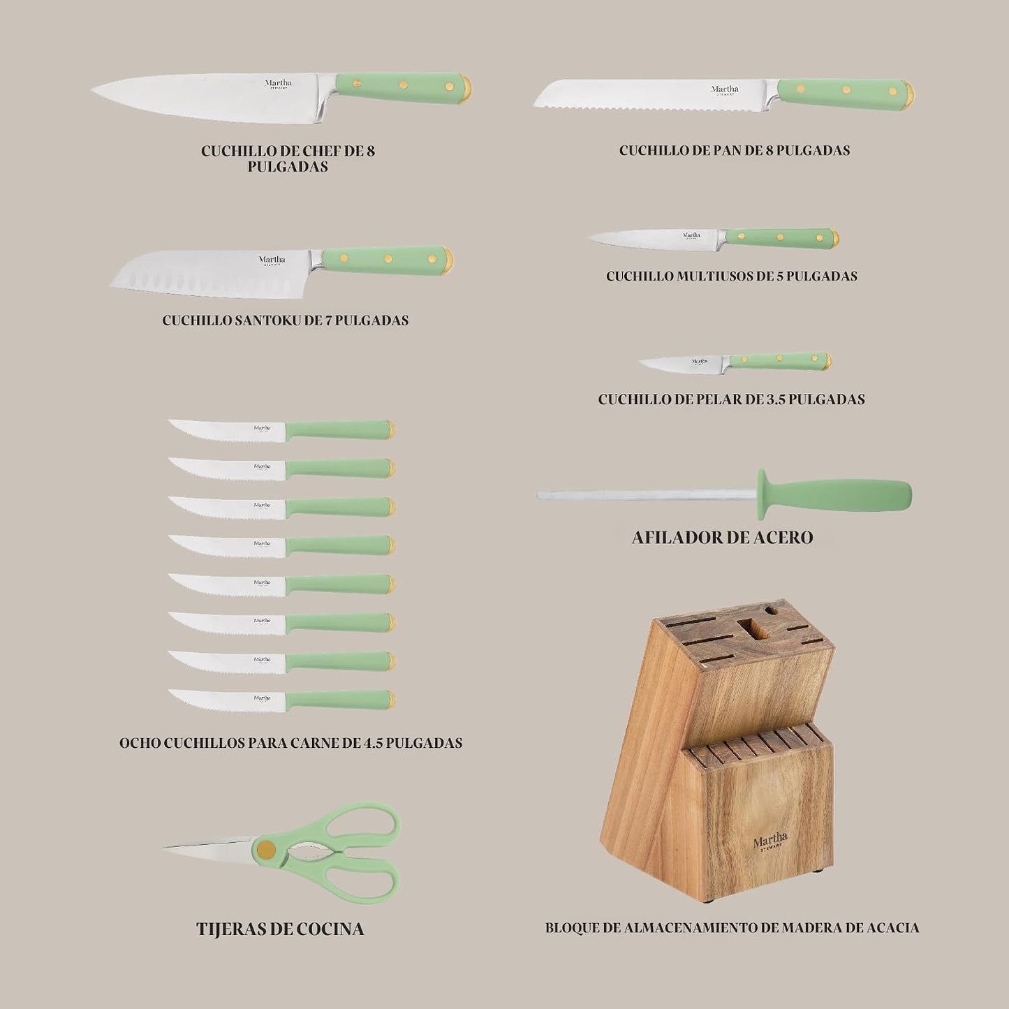 Martha Stewart Juego de 16 cuchillos de cocina Lockton de acero ino...